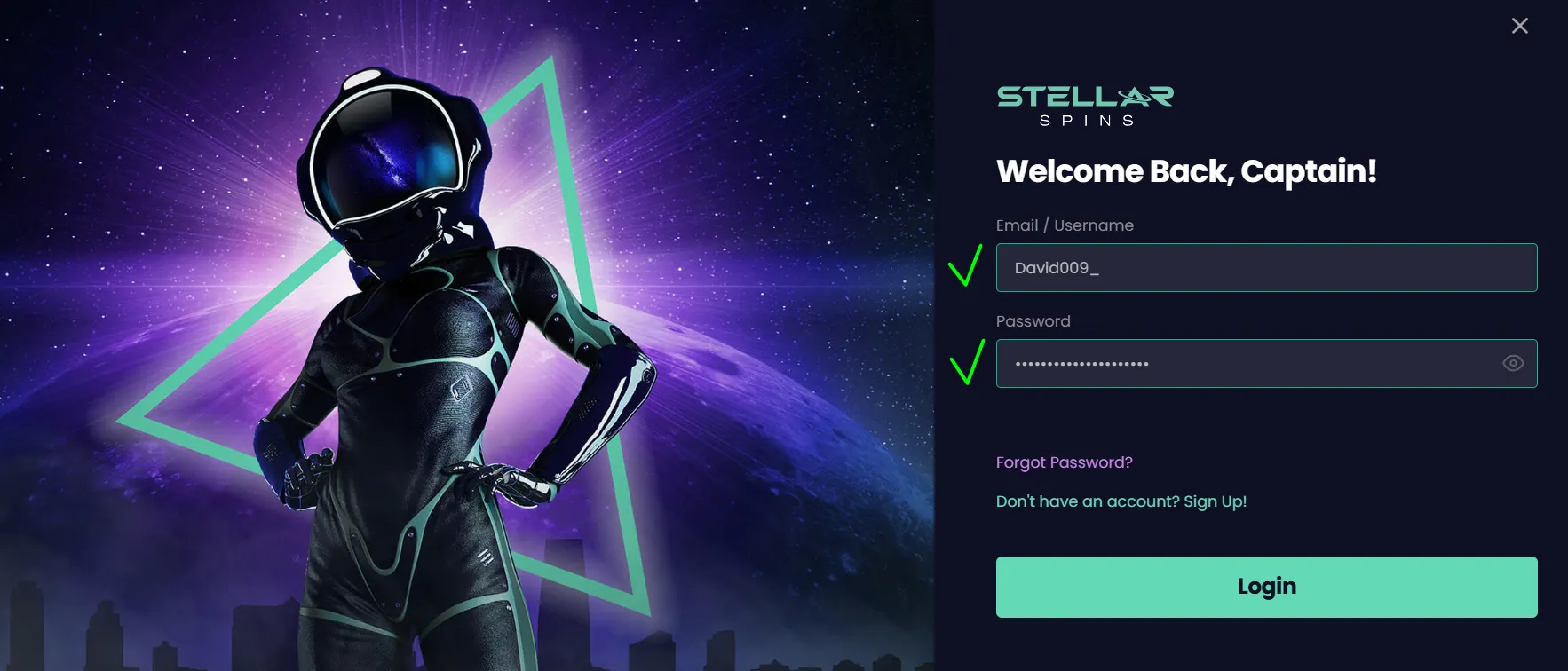 Stellar Spins Casino login form - desktop view