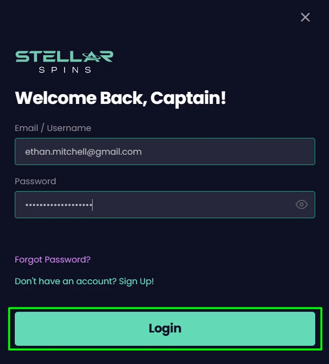 Stellar Spins login portal mobile view