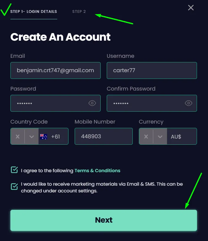 Stellar Spins registration step 1 form