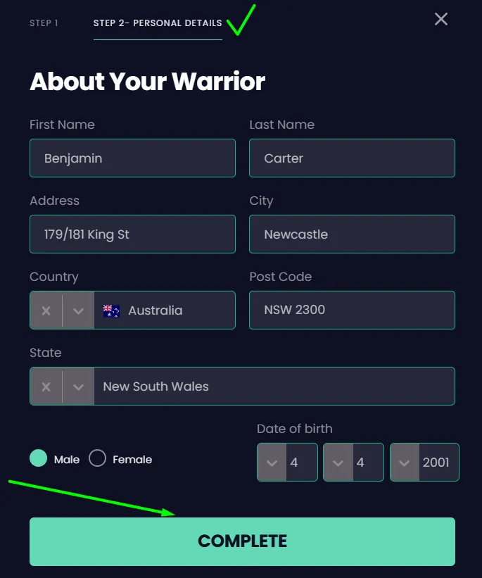 Stellar Spins registration step 2 form